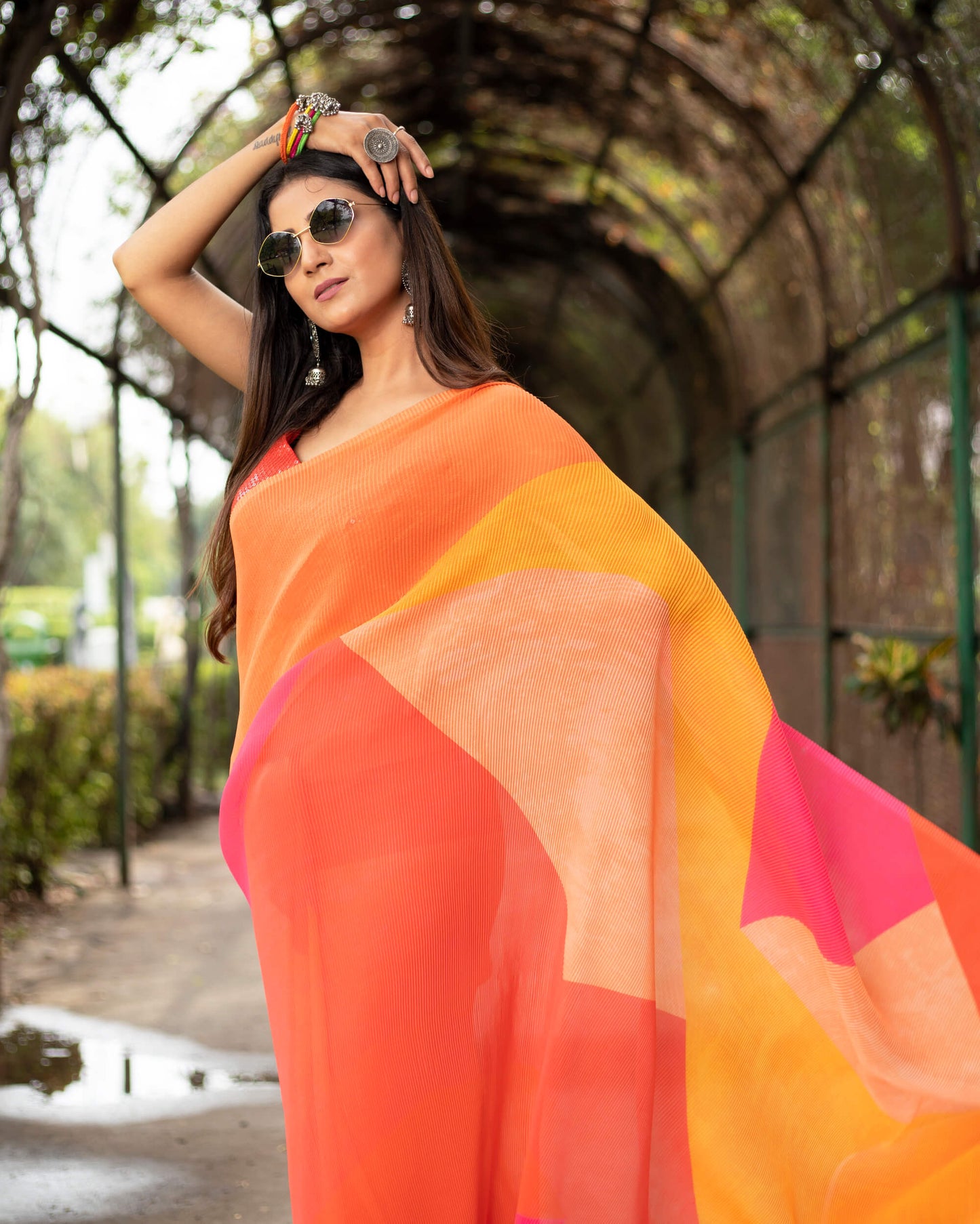 Red And Melon Orange Abstact Pattern Digital Print Georgette Pleated Saree