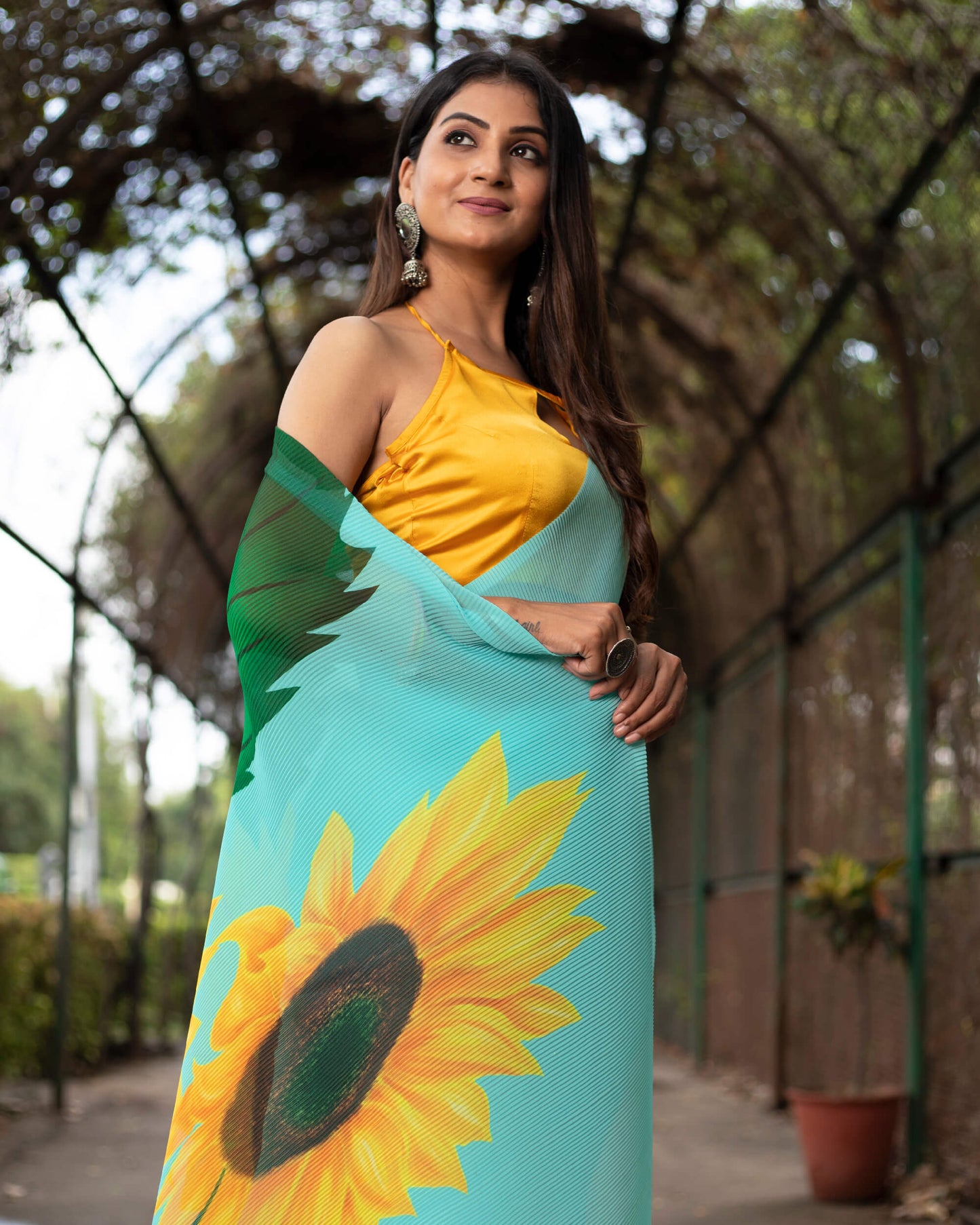 Sky Blue And Yellow Floral Pattern Digital Print Georgette Pleated Saree