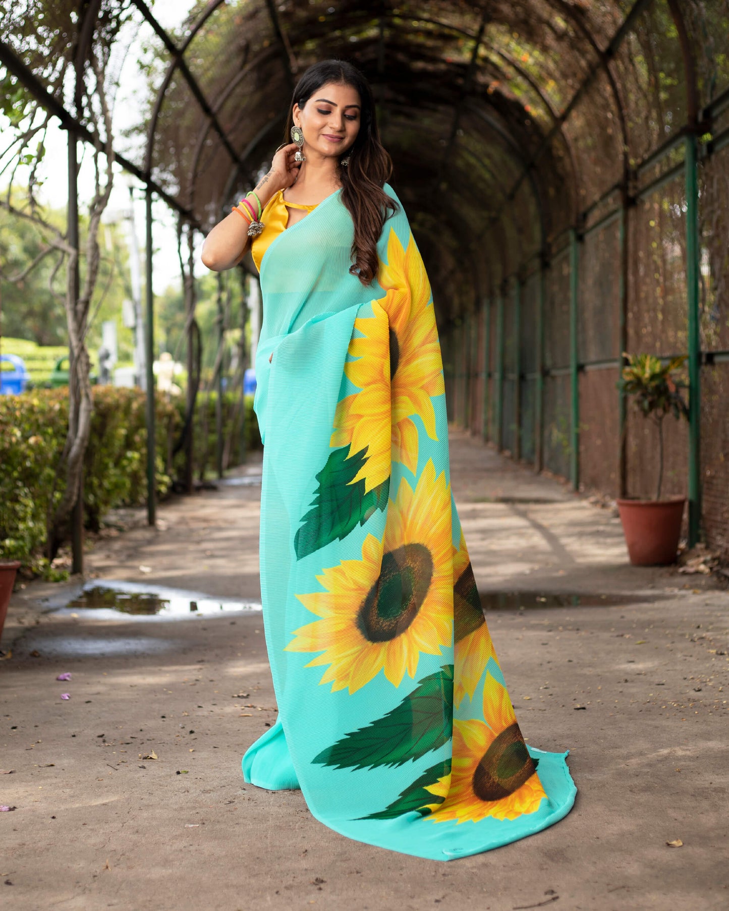 Sky Blue And Yellow Floral Pattern Digital Print Georgette Pleated Saree