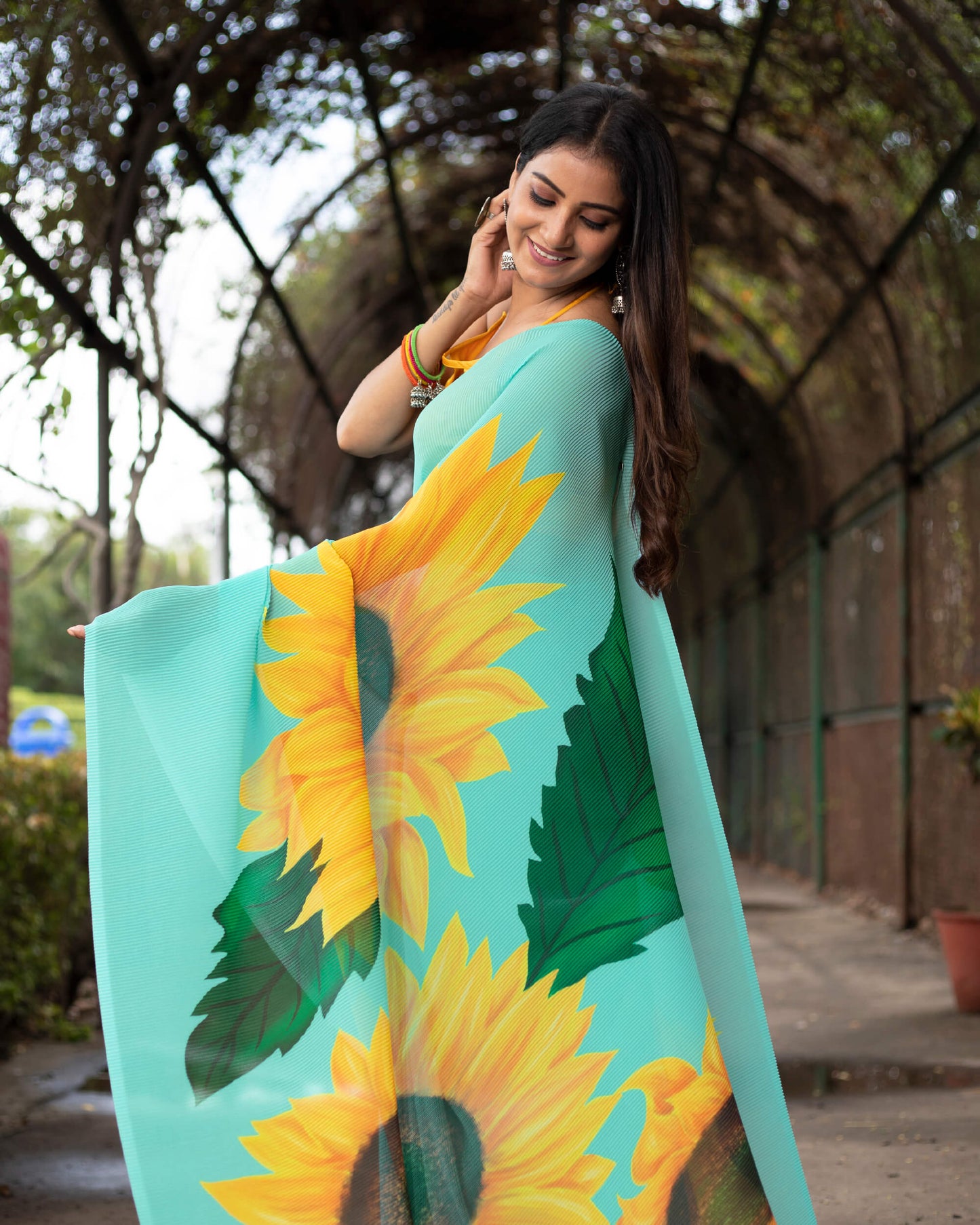 Sky Blue And Yellow Floral Pattern Digital Print Georgette Pleated Saree