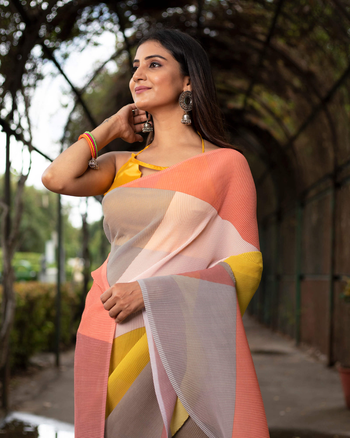 Coral Peach and Cedar Brown Abstact Pattern Digital Print Georgette Pleated Saree