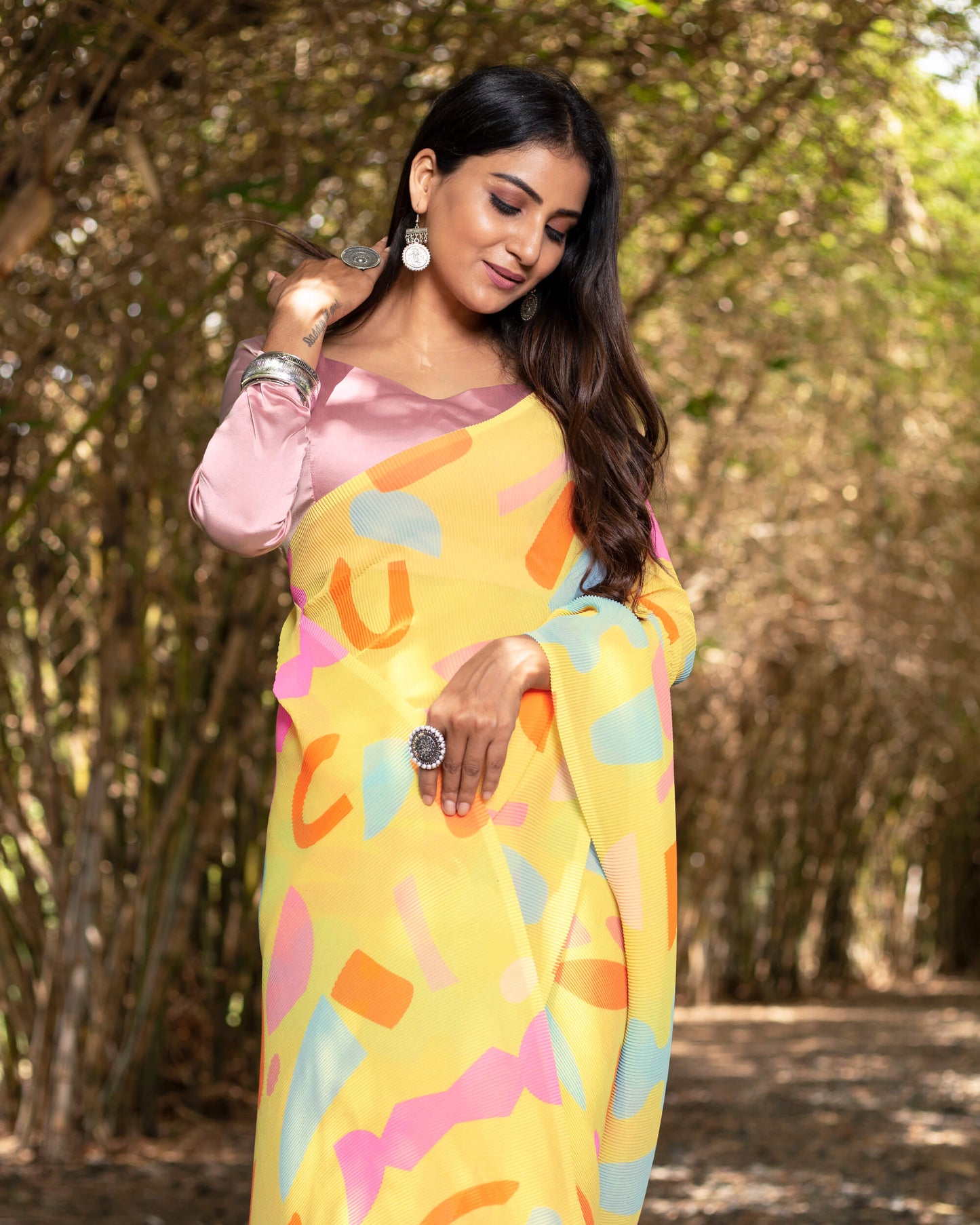 Mellow Yellow And Orange Quirky Pattern Digital Print Georgette Pleated Saree