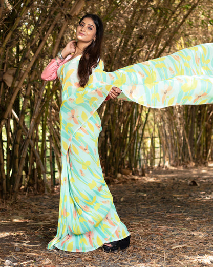 Baby Blue And Bumblebee Yellow Floral Pattern Digital Print Georgette Pleated Saree