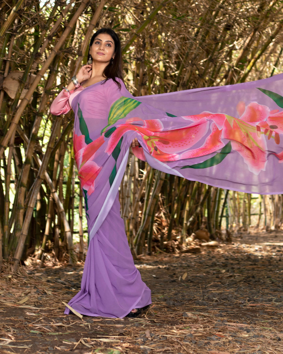Lilac Purple And Red Floral Pattern Digital Print Georgette Saree