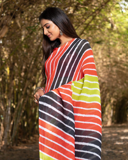 Black And Red Leheriya Pattern Digital Print Georgette Pleated Saree