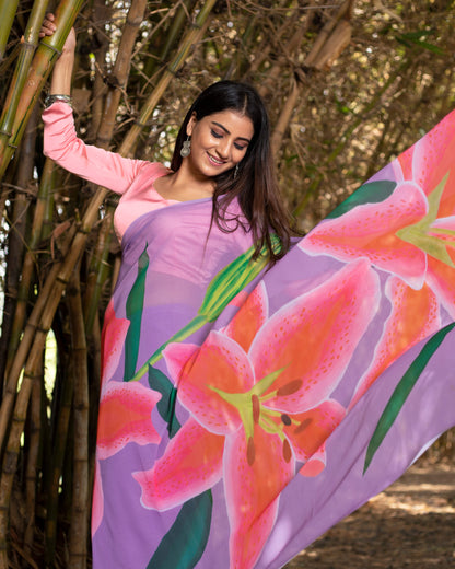 Lilac Purple And Red Floral Pattern Digital Print Georgette Saree