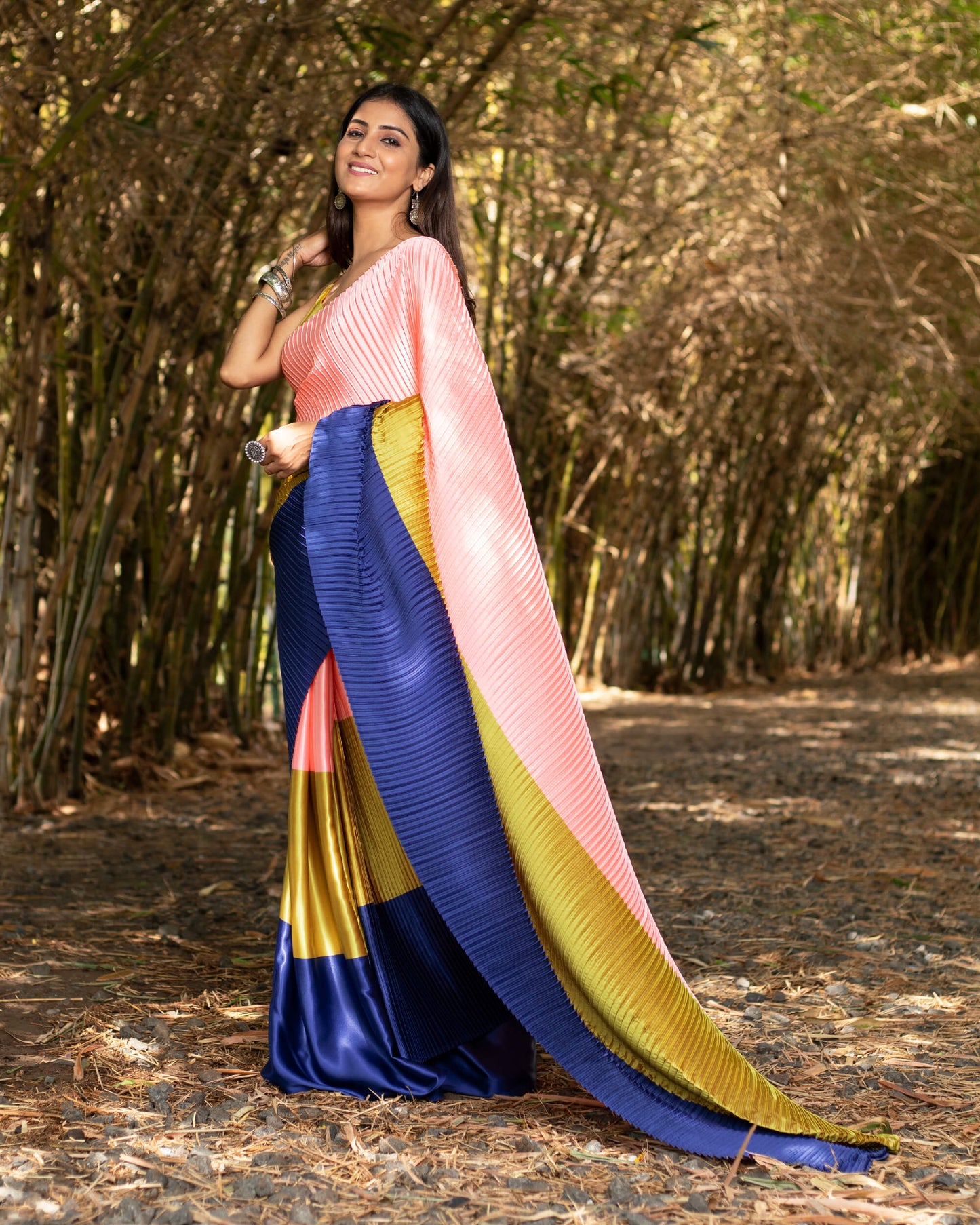 Salmon Pink And Golden Yellow Stripes Pattern Half Digital Print Japan Satin Pleated Saree