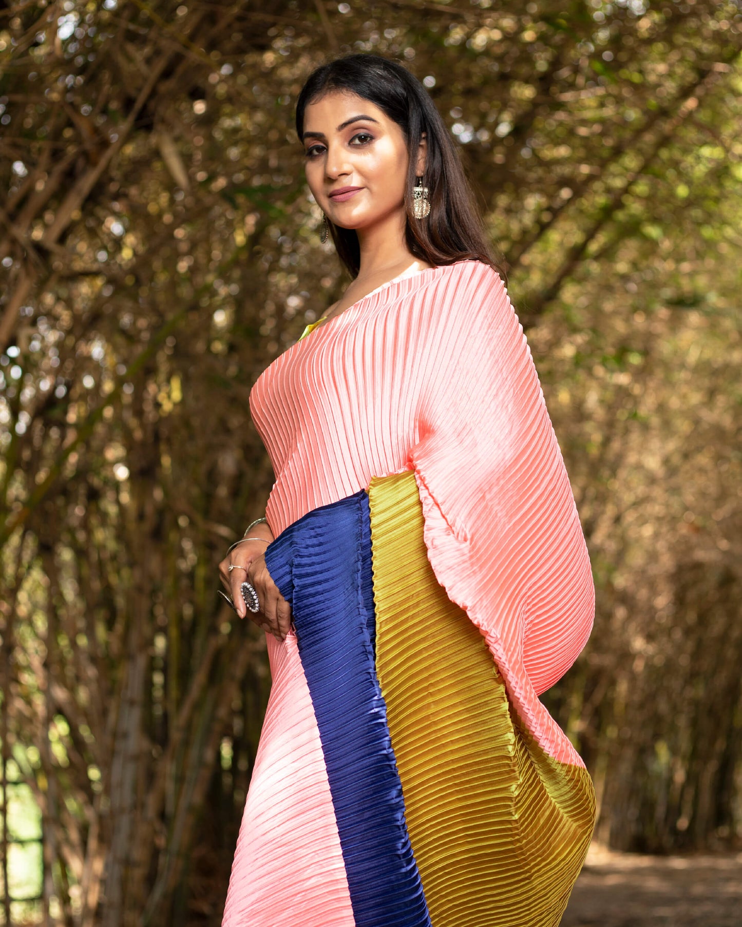 Salmon Pink And Golden Yellow Stripes Pattern Half Digital Print Japan Satin Pleated Saree