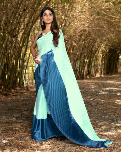 Mint Green And Astronaut Blue Abstract Pattern Half Digital Print Japan Satin Pleated Saree