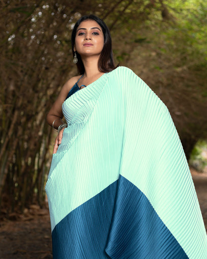 Mint Green And Astronaut Blue Abstract Pattern Half Digital Print Japan Satin Pleated Saree