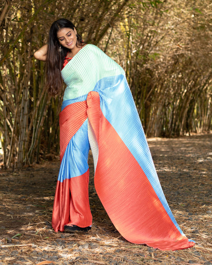 Mint Green And Jordy Blue Stripes Pattern Half Digital Print Japan Satin Pleated Saree