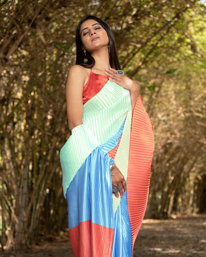 Mint Green And Jordy Blue Stripes Pattern Half Digital Print Japan Satin Pleated Saree