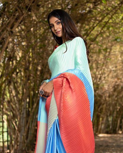 Mint Green And Jordy Blue Stripes Pattern Half Digital Print Japan Satin Pleated Saree