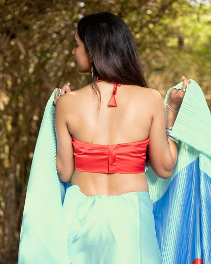 Mint Green And Jordy Blue Stripes Pattern Half Digital Print Japan Satin Pleated Saree