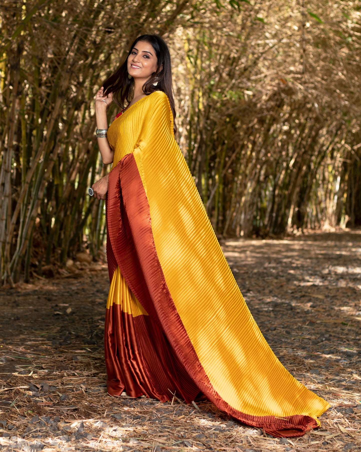 Mustard Yellow And Brick Red Abstract Pattern Half Digital Print Japan Satin Pleated Saree