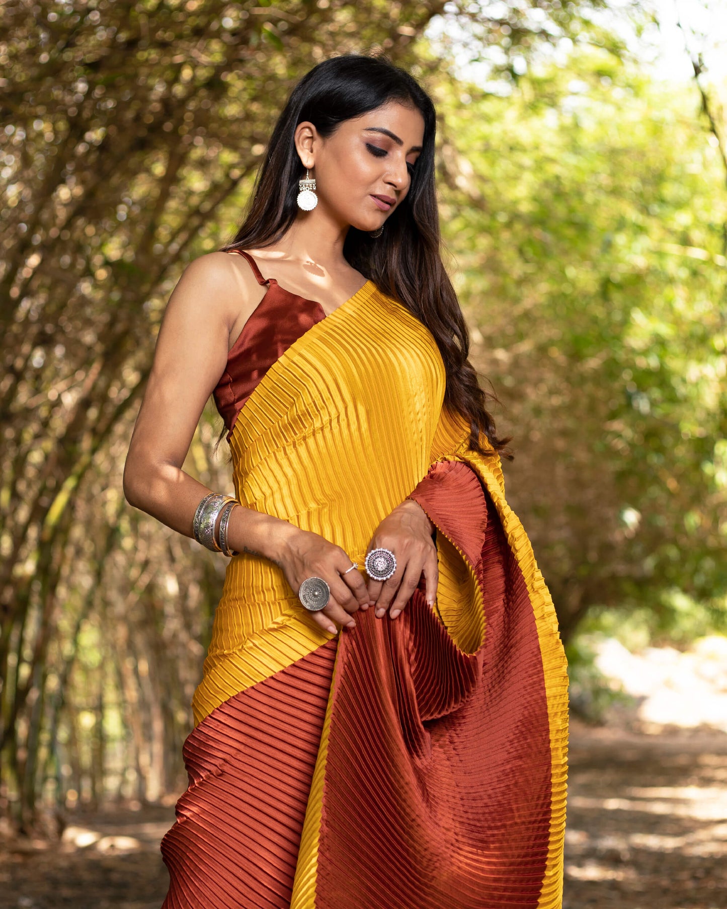 Mustard Yellow And Brick Red Abstract Pattern Half Digital Print Japan Satin Pleated Saree