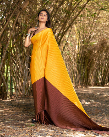 Mustard Yellow And Maroon Abstract Pattern Half Digital Print Japan Satin Pleated Saree