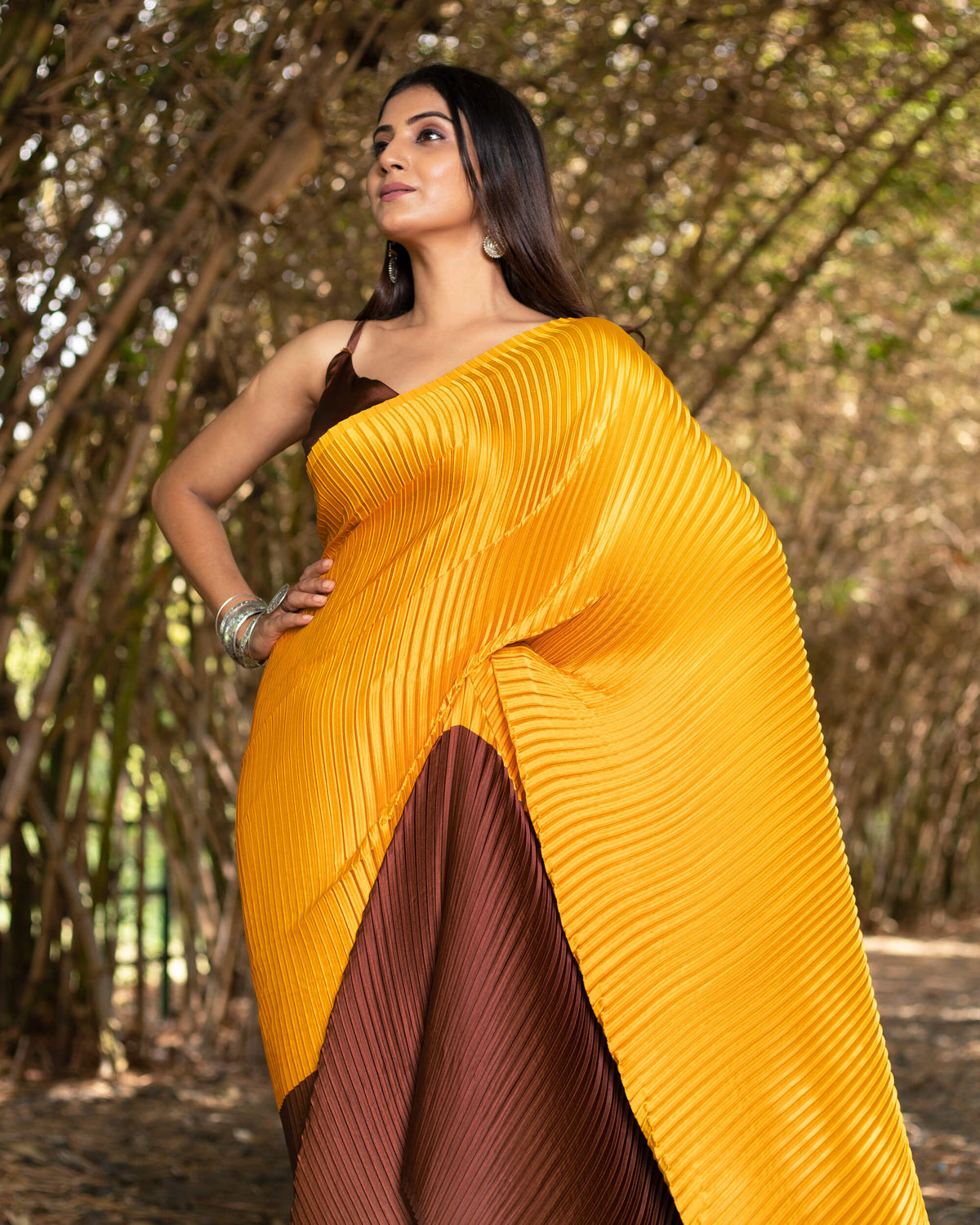 Mustard Yellow And Maroon Abstract Pattern Half Digital Print Japan Satin Pleated Saree