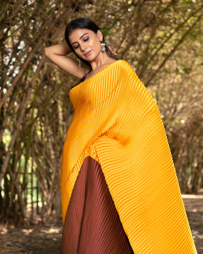 Mustard Yellow And Maroon Abstract Pattern Half Digital Print Japan Satin Pleated Saree