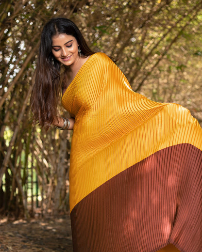 Mustard Yellow And Maroon Abstract Pattern Half Digital Print Japan Satin Pleated Saree