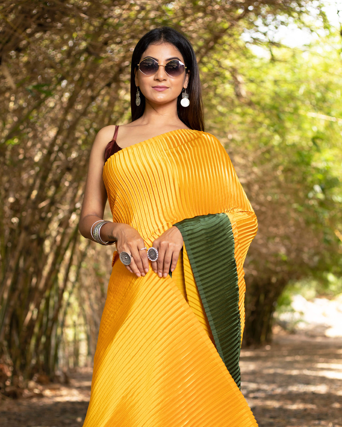 Mustard Yellow And Green Abstract Pattern Half Digital Print Japan Satin Pleated Saree