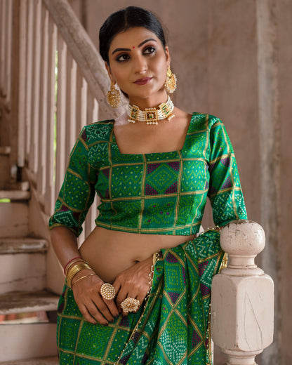 Forest Green And Purple Bandhanii Pattern Kota Doria Saree With Pearl Work Lace Border