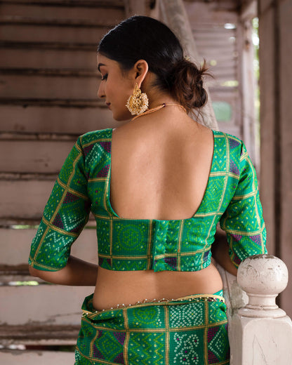Forest Green And Purple Bandhanii Pattern Kota Doria Saree With Pearl Work Lace Border