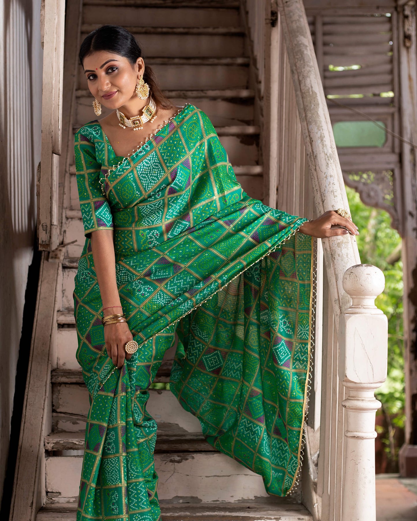 Forest Green And Purple Bandhani Pattern Kota Doria Saree With Pearl Work Lace Border