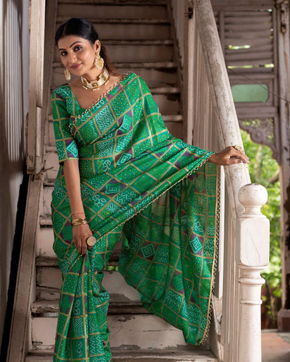 Forest Green And Purple Bandhanii Pattern Kota Doria Saree With Pearl Work Lace Border