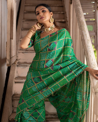 Forest Green And Purple Bandhanii Pattern Kota Doria Saree With Pearl Work Lace Border