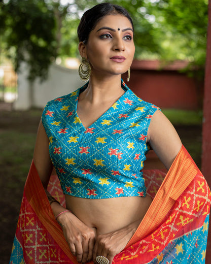 Blue Patolaa Pattern Digital Print Chanderi Saree With Zari Broder