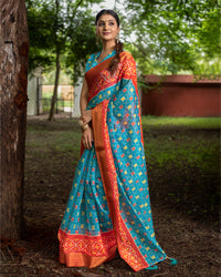 Blue Patolaa Pattern Digital Print Chanderi Saree With Zari Broder