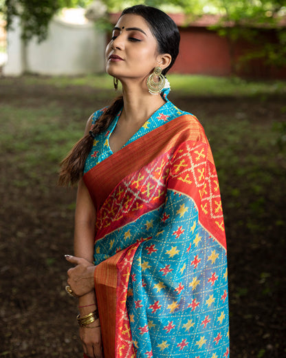 Blue Patolaa Pattern Digital Print Chanderi Saree With Zari Broder