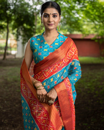 Blue Patolaa Pattern Digital Print Chanderi Saree With Zari Broder