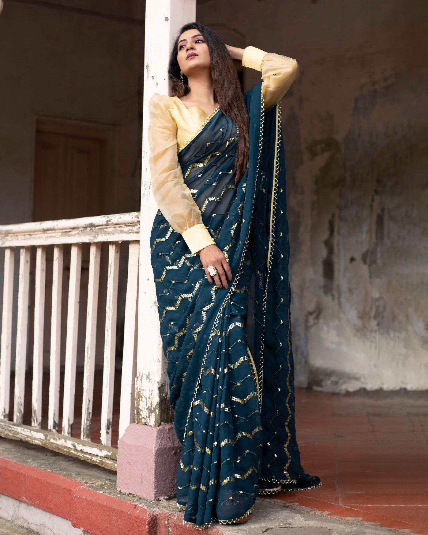 Peacock Blue Chevron Premium Sequins Georgette Saree with Pearl Work Lace Border