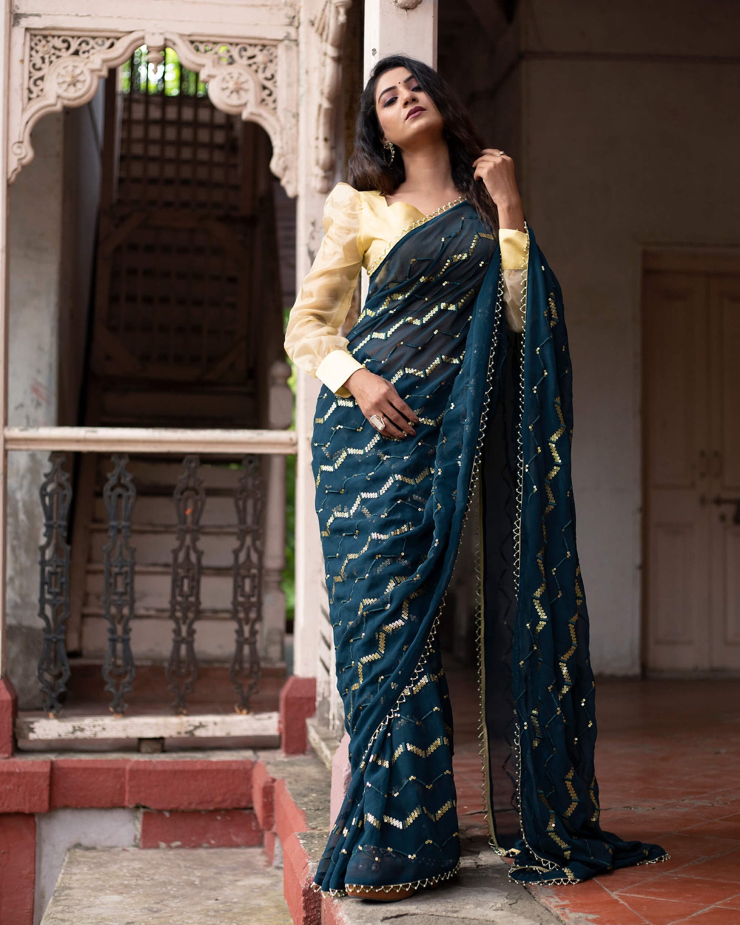 Peacock Blue Chevron Premium Sequins Georgette Saree with Pearl Work Lace Border