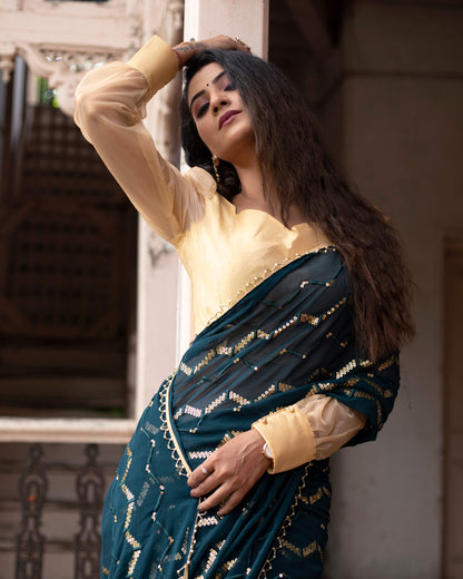 Peacock Blue Chevron Premium Sequins Georgette Saree with Pearl Work Lace Border