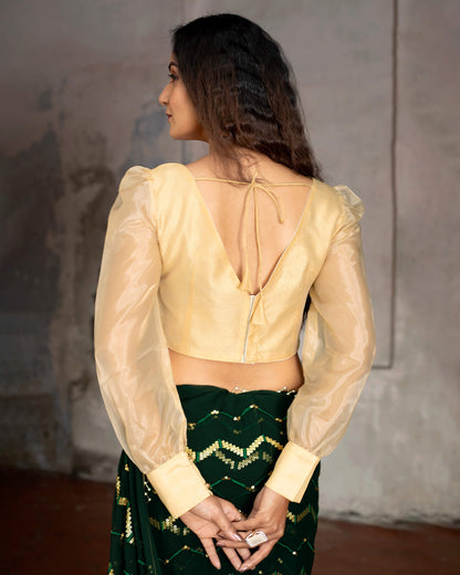 Beige Organza Full Sleev Cuff Button Blouse