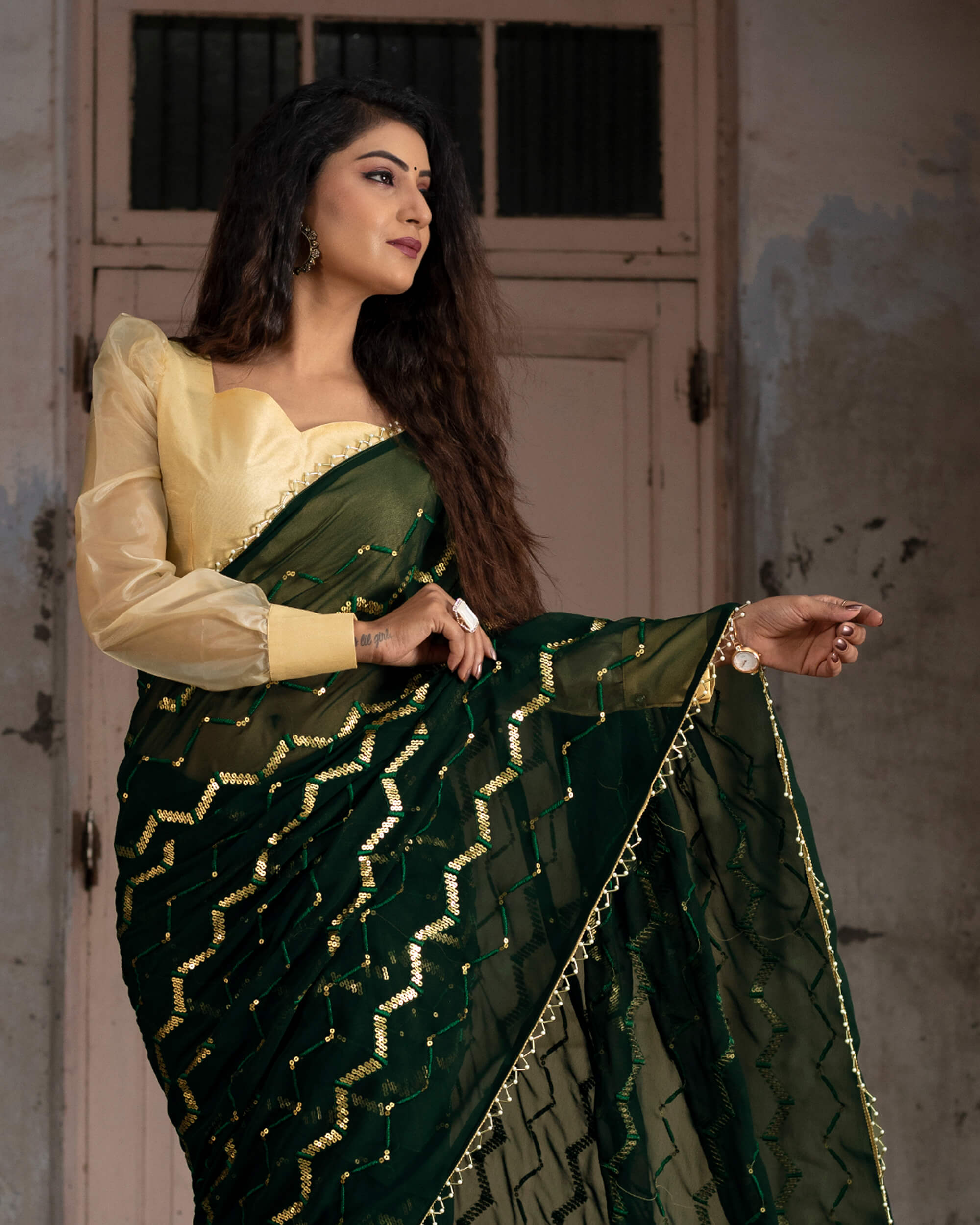 Silk Sarees : Dark green chinon silk sequence and thread ...