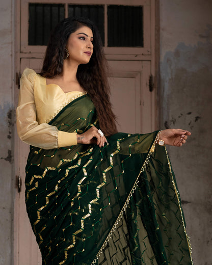Green Chevron Premium Sequins Georgette Saree with Pearl Work Lace Border