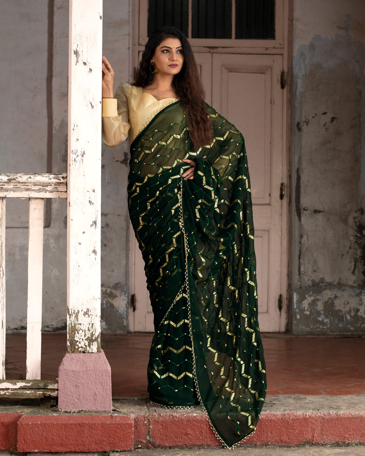 Green Chevron Premium Sequins Georgette Saree with Pearl Work Lace Border