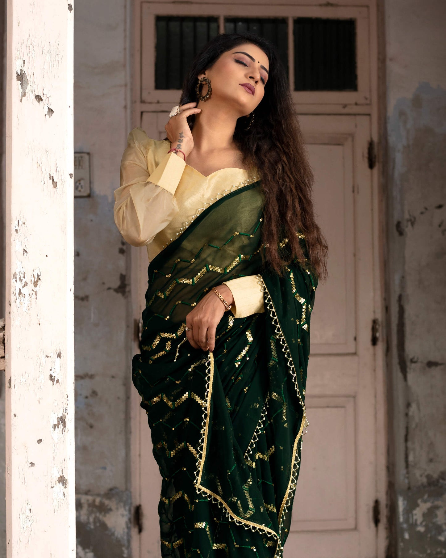 Green Chevron Premium Sequins Georgette Saree with Pearl Work Lace Border