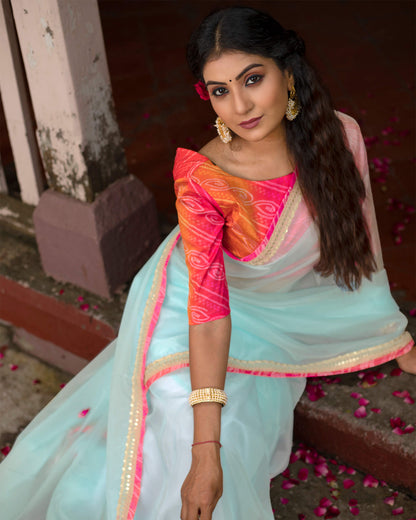 Pastel Blue Plain Liquid Organza Saree With Bandhani Lace
