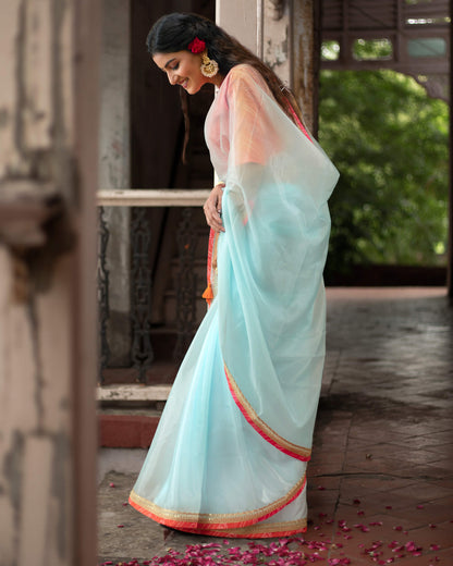 Pastel Blue Plain Liquid Organza Saree With Bandhani Lace