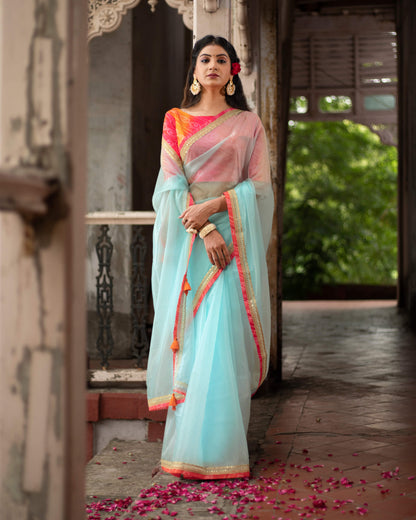 Pastel Blue Plain Liquid Organza Saree With Bandhani Lace