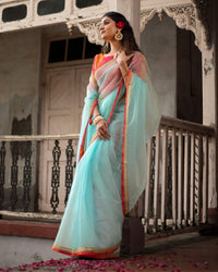Pastel Blue Plain Liquid Organza Saree With Bandhani Lace