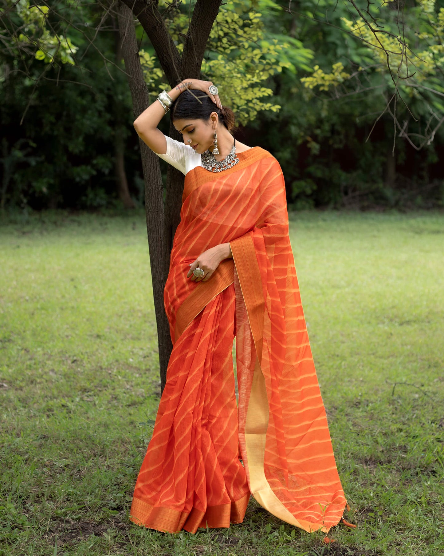 Orange Leheriya Pattern Digital Print Chanderi Saree With Zari Border