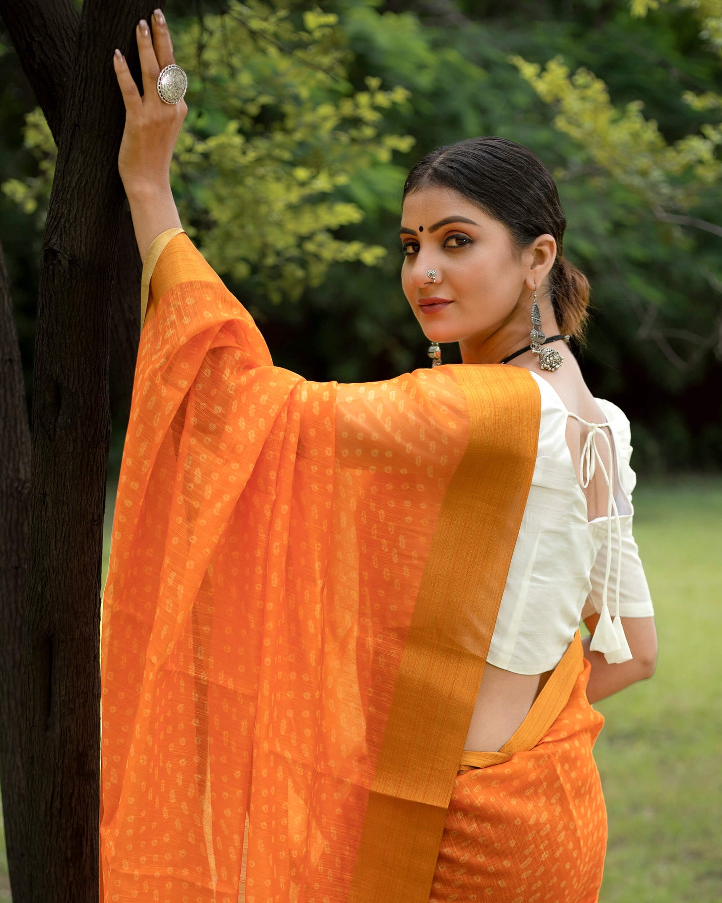Royal Orange Bandhani Pattern Digital Print Chanderi Saree With Zari Border