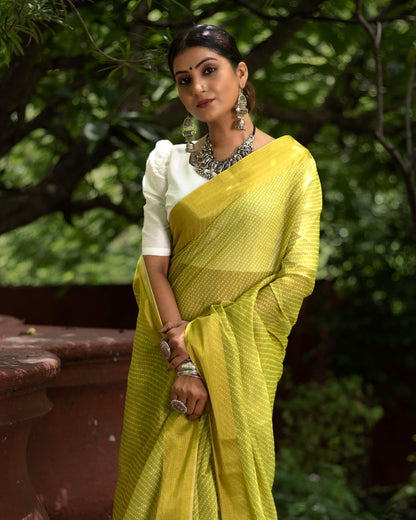 Olive Green Bandhanii Pattern Digital Print Chanderi Saree With Zari Border