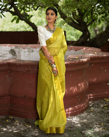 Olive Green Bandhanii Pattern Digital Print Chanderi Saree With Zari Border